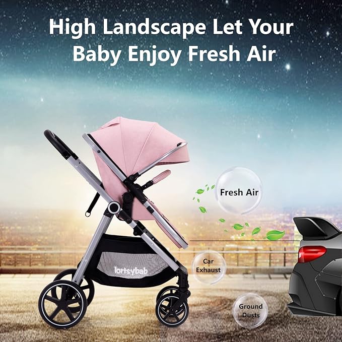 2-in-1 Baby Stroller - Folding Infant Newborn Pram Stroller with Reversible Seat - Toddler Strollers for 0-36 Months Old Babies (Pink)