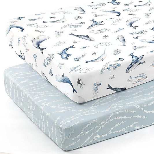 GRSSDER Stretch Ultra Soft Jersey Knit Fitted Crib Sheets Set 2 Pack, Universal Fit All Standard Crib Mattress Pads Safe and Snug, Crib Fitted Sheet with Deep Pocket, Original Design for Baby Boy