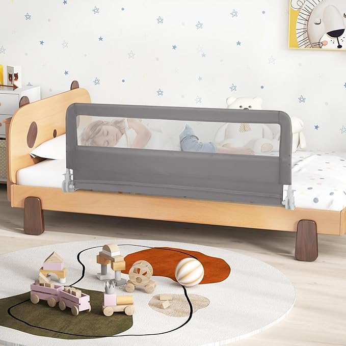 HONEY JOY Bed Rail for Toddlers, 59-in Extra Long, Portable Safety Bed Guardrail w/Double Safety Child Lock, Foldable Baby Bed Rail Guard, Fit King & Queen Full Twin Size Bed Mattress (1 Pack, Gray)