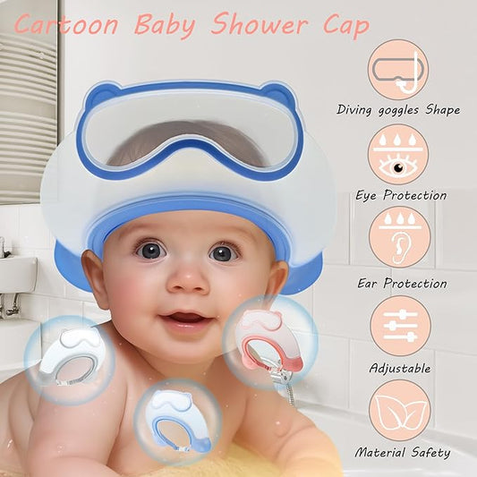 Baby Shower Cap Shield, Shower Cap for Kids, Visor Hat for Eye and Ear Protection for 0-9 Years Old Children, Cute diving goggle Shape Makes The Baby Bath More Fun (Blue)