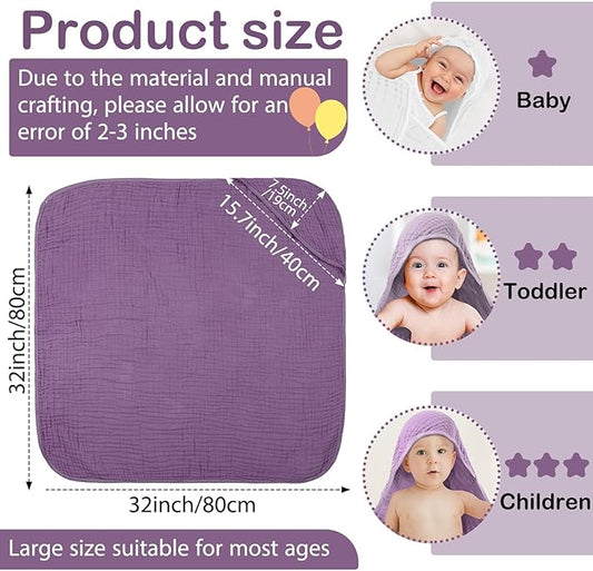 Peryiter 4 Pcs Muslin Hooded Baby Towels, 32x 32'' Cotton Newborn Bath Towel Muslin Infant Baby Blankets Absorbent Unisex Christmas Registry Gift Essentials for Girls Boys (Purple Series)