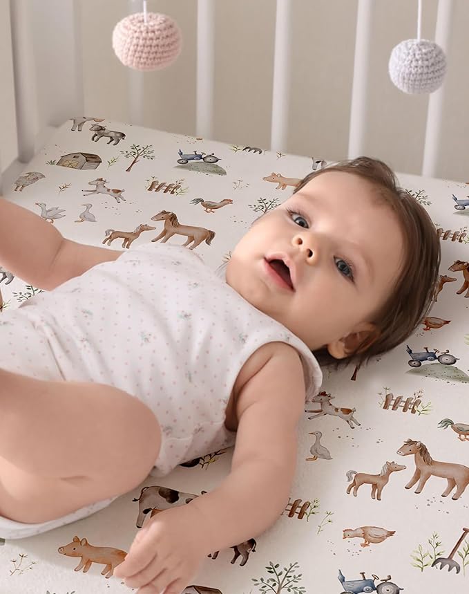 Pack and Play Sheets 2 Pack, Fitted Jersey Knit Mini Crib Sheets for Baby Boys and Girls, Compatible with Graco Pack N Play and Mini Crib Mattress (Little Farm, Pack N Play/Mini Crib Sheets)