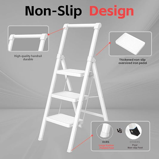 3 Step Ladder, DIAMONDFORGE Folding Step Stool with Wide Anti-Slip Pedal, Anti-Slip Feet and Handgrip, Sturdiest Steel Construction, Steel Ladder for Home, White