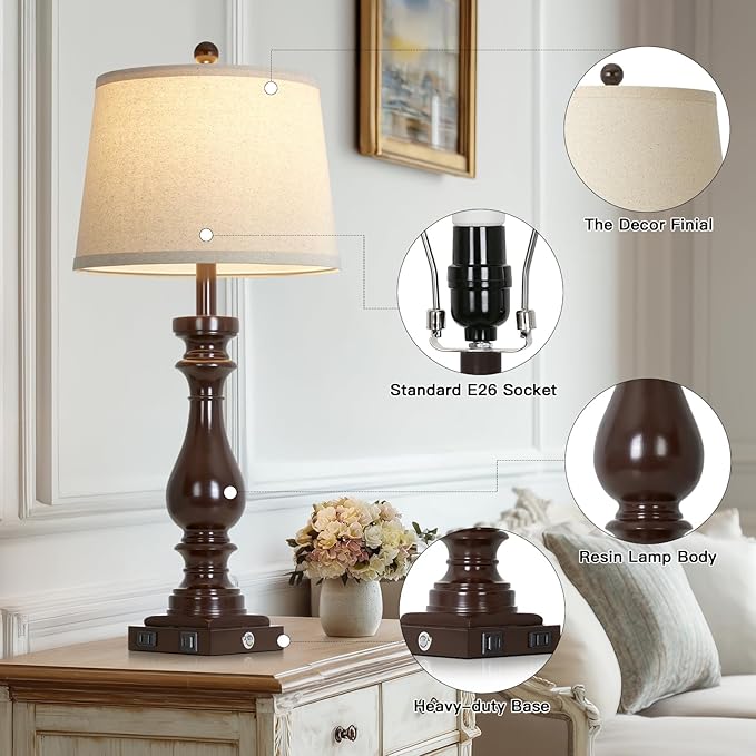 luxeflow 29" Tall Vintage Table Lamps Set of 2,Farmhouse Bedside Lamps with USB C+A Ports & AC Outlet,3-Way Dimmable Touch Lamp for Night Stands Living Room Bedroom,Dark Brown