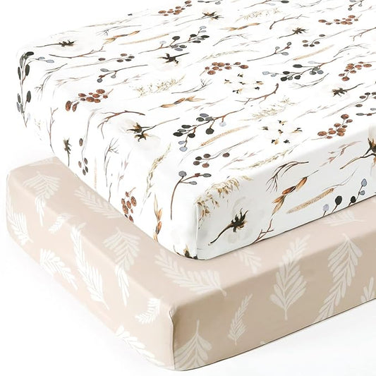 Stretch Ultra Soft Jersey Knit Fitted Crib Sheets Set 2 Pack, Fits All Standard Crib Mattress Pads Safe and Snug, Stylish Pretty Flora for Baby, Beige
