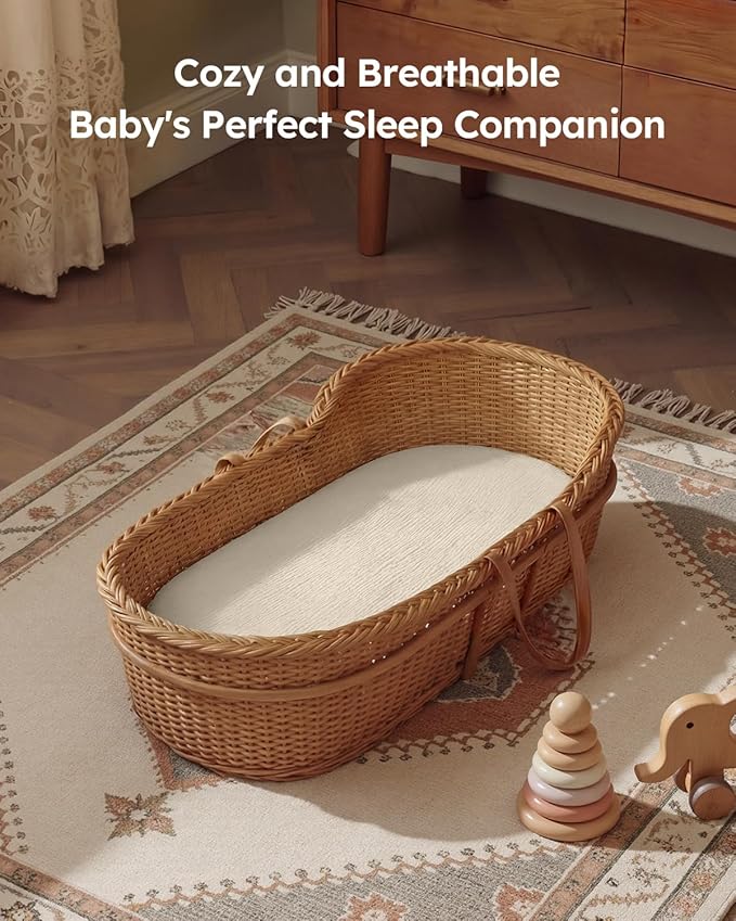 Muslin Bassinet Sheets Boy Girl, 100% Cotton Fitted Bassinet Sheet Set 2 Pack Bassinet Mattress Sheets Universal Fit for Rectangle, Round, Oval, Hourglass Mattress, Soft Breathable