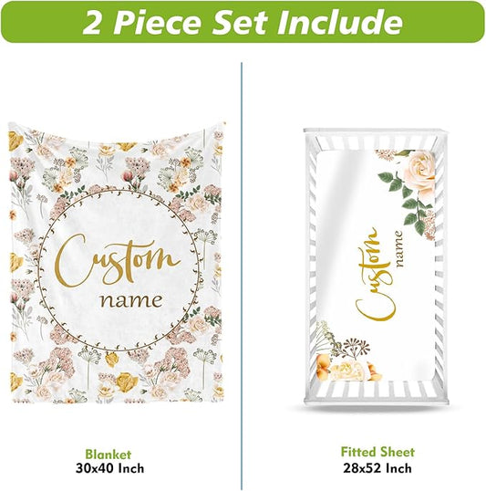 Personalized Crib Bedding Set for Boys Girls, Custom Baby Crib Sets with Name, Pink Flowers Design Nursery Bedding 2 Piece - Soft Blanket with Double Layer Dotted Backing, Crib Fitted Sheet