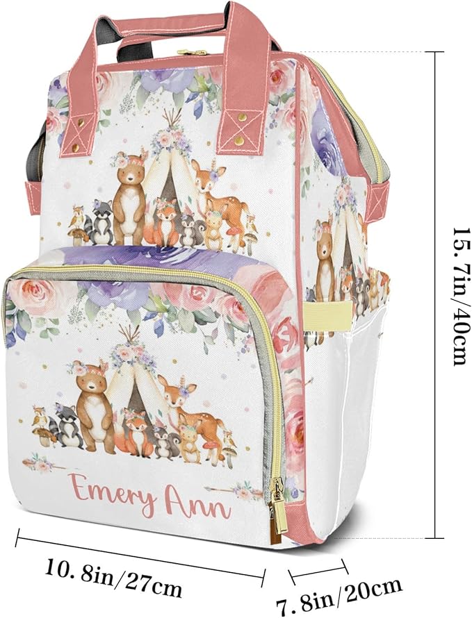 Personalized Woodland Animals Pink Purple Floral Custom with Name Diaper Bag Backpack For Baby Boy Girl Dad Mom Unisex for Adult Daypack Holiday Gift