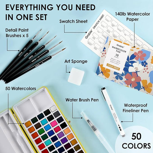 Grabie 50 Colors Premium All-In-One Water Color Paint Set - Detail Paint Brush Included, Watercolor Paints, Painting Sets, Art Supplies, Portable & Travel Watercolor Set, Amateur Hobbyists