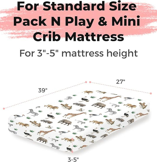 Pack and Play Sheets 2 Pack, Fitted Jersey Knit Mini Crib Sheets for Baby Boys and Girls, Compatible with Graco Pack N Play and Mini Crib Mattress (Jungle Journey, Pack N Play/Mini Crib Sheets)