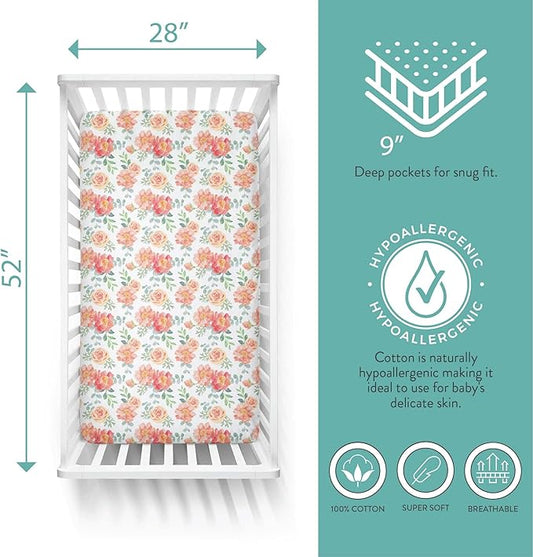 Featherhead™ 2-Pack Fitted Crib Sheets - 100% Cotton - 52" x 28" x 9" for Standard Crib and Toddler Mattress (Jersey Garden Floral)