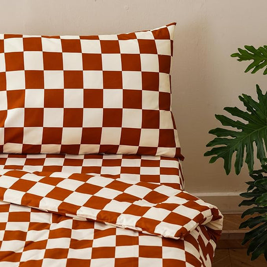 KAREVER Grid Toddler Bedding Set Pumpkin White Checkered 4 Pieces Crib Bed Set Kids Pliad Comforter Set