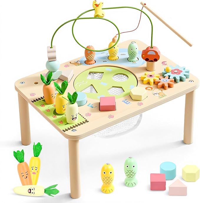 wingyz Activity Table, 6 in 1 Wooden Montessori Activity Center with Bead Maze Shape Sorter Fishing Game, Kids Sensory Play Table Toddler Toys 1st Birthday Gifts Boy Girl(Morandi-Square)