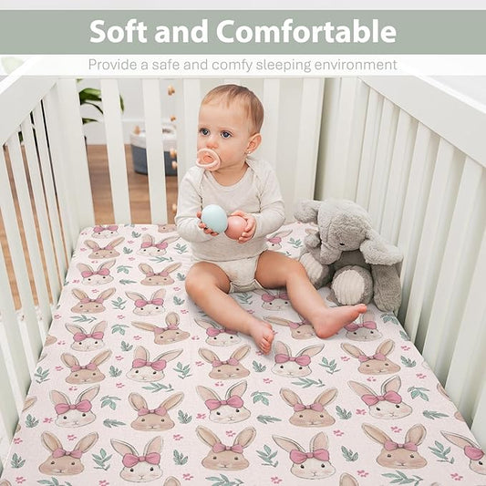 Easter Bunnies Pink Bows Baby Crib Sheets for Boy Girl 52"x28" Cute Rabbit Leaves Soft Stretchy Fitted Crib Mattress Cover Spring Garden Animal Baby Sheet for Standard Crib and Toddler Bed Mattress