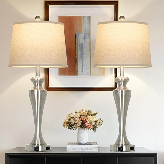 LUXEFLOW 30" Silver Table Lamps Set of 2, 3-Way Dimmable Touch Living Room Lamp with USB A+C Ports and AC Outlet, Modern Brushed Nickel Bedroom Lamps, Tall Metal Bedside Lamp for Nightstand Side Table