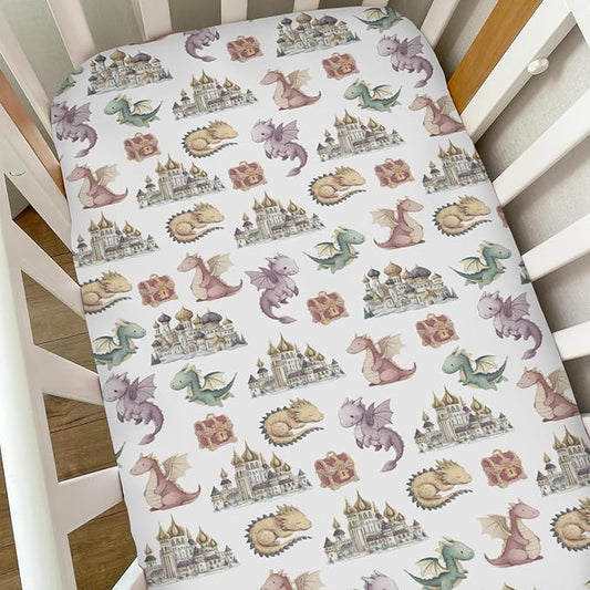 Fairytale Dragons Baby Crib Sheets for Boy Girl Fantasy Dragon Castle Treasures Soft Snug Fitted Crib Mattress Covers for 52''x28'' Standard Crib & Toddler Mattress Magical Animal Bed Sheets