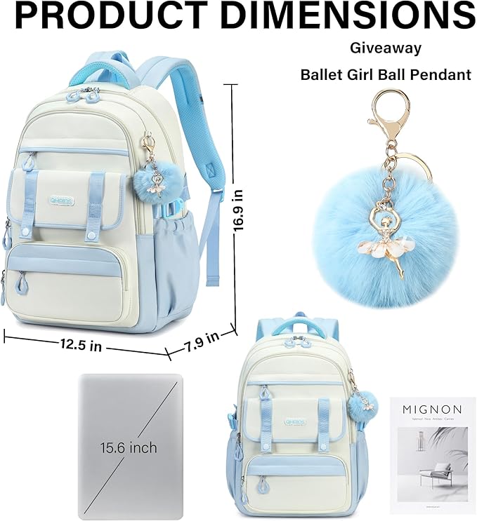 QHRIDS School Backpack for Girls, 3PCS Laptop Backpack 15.6 Inch with Lunch Box Pencil Pouch Set for Kids Teens Elementary Middle High School College Bookbag Student Casual Travel Daypack,Blue Beige