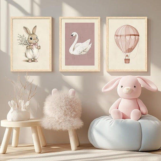 Hianan Pink Baby Girl Nursery Wall Decor Cute Bunny Wall Art Cozy Rabbit Canvas Artwork Elegant Swan Poster Prints Vintage Hot Air Balloon Painting Prints for Kid's Room Baby Room Wood Framed 16"x24"x3