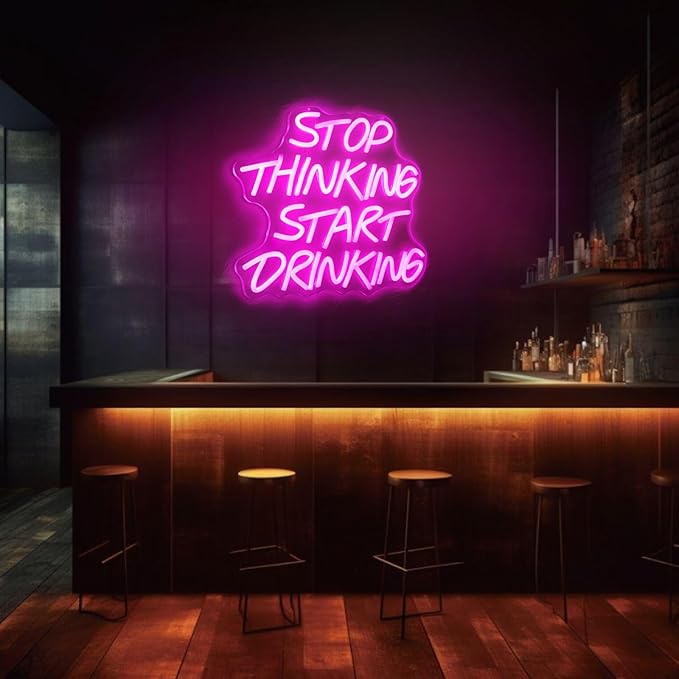 LYUODRE Stop Thinking Start Drinking Neon Sign Pink Neon Signs for Wall Decor Man Cave LED Neon Lights up Letters for Bar Pub Restaurant Birthday Party Gift Led Art Wall Decorative Crs Light Bar Sign, 5V Usb Powered,13.38"L x 12.99"W)