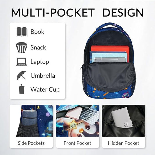 Custom Backpack - Penguin Backpacks with Lunch Bag for Girls Boys - Planet Bookbag for Kids Toddler - Personalized School Bag Set for Kindergarten/Preschool/Elementary(17 Inch)