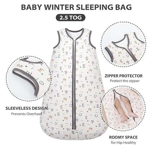 Mosebears Sleep Sack Baby Winter Wearable Blanket with 2-Way Zipper,2.5 TOG Cotton Sleep Sack Unisex (Alphabet, 6-12 Months)