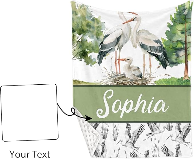 Personalized Baby Crib Bedding Set, Custom Name Crane Design Baby Bedding 2-Pcs Set-Soft Double Layer Dotted Blanket and Fitted Sheet, Nursery Bedding for Newborn Boys Girls, Perfect Shower Gift