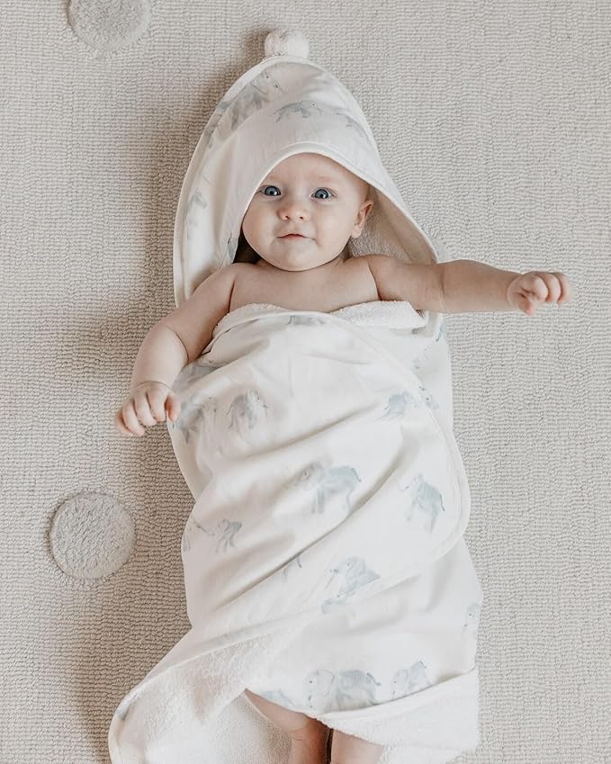PEHR Hooded Towel, Follow Me Elephant | Absorbent French Terry & Soft Brushed 100% Cotton | 30β x 30β