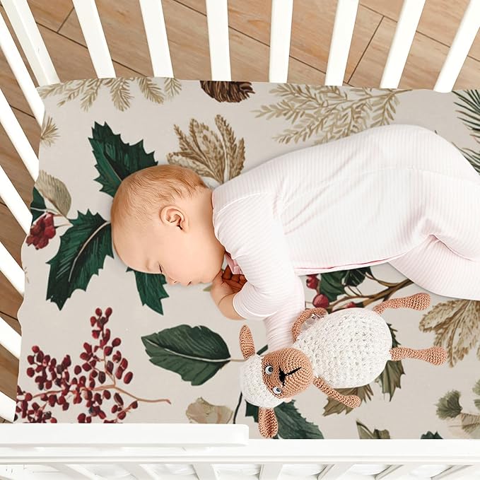 Beige Holly Leaves Pine Needles Pinecones Crib Sheets Standard Crib Toddler Mattresses Cover Fitted Baby Bed Sheet Breathable Crib Mattress Sheet for Girls Boys 39''x27''x9''
