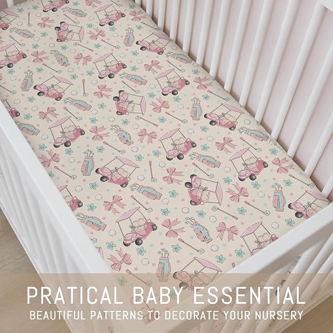Girly Golf Stripes Bows Floral Baby Crib Sheets for Girls Pastel Pink Golfing Soft Snug Fitted Crib Mattress Covers for 52''x28'' Standard Crib & Toddler Mattress Preppy Girl Sports Nursery Bed Sheets