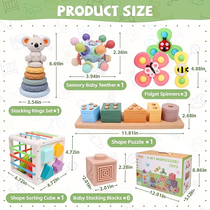 6-in-1 Montessori Baby Toys 0-6 6-12 Months, Infant Teething Toys Soft Stacking Blocks Rings Shape Sorter Sensory Fidget Spinners for Toddler 1-3, Christmas Stocking Stuffers for Girls Boys