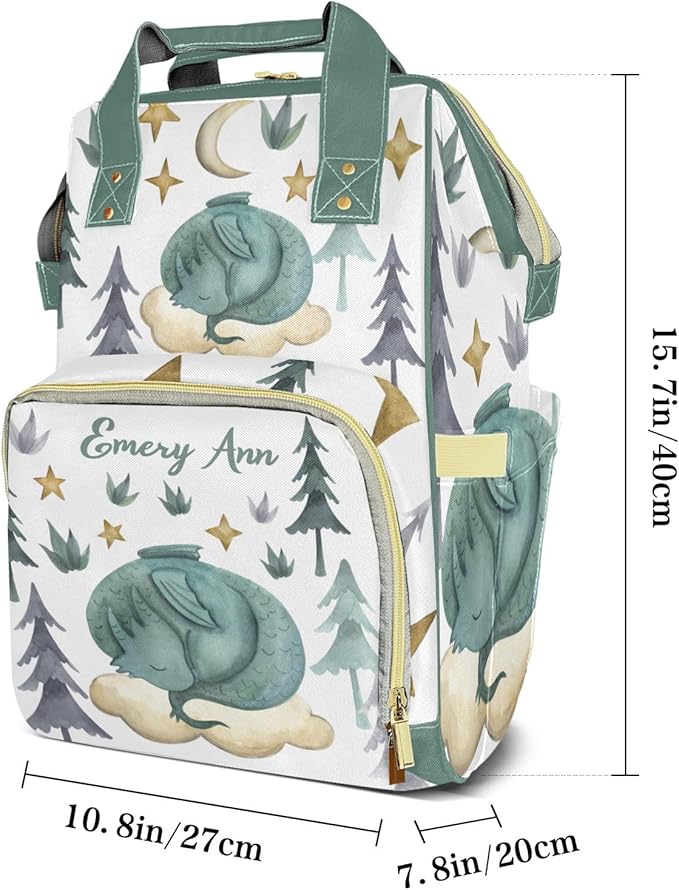 Personalized Cute Dragon Watercolor Custom with Name Diaper Bag Backpack For Baby Boy Girl Dad Mom Unisex for Adult Daypack Holiday Gift