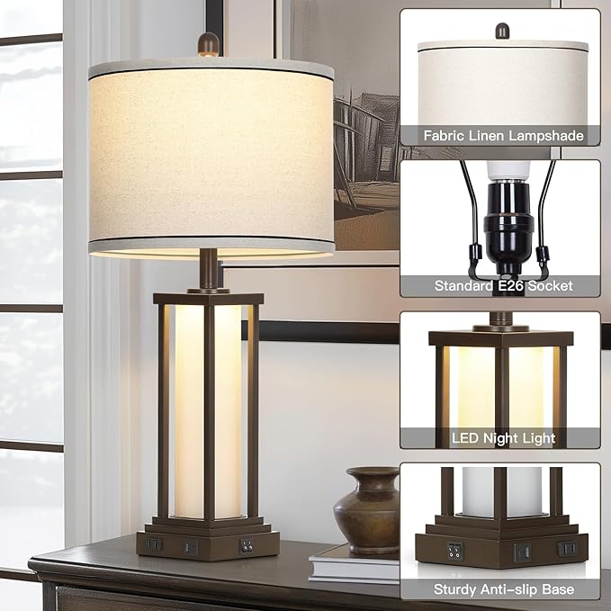 Cinkeda 27" Tall Vintage Table Lamps with USB C+A & Outlet,Brown End Table Lamp Set of 2 for Living Room,Rustic Bedside Lamps with Frosted Glass Night Light for Bedroom Nightstand,Oil-Rubbed Bronze