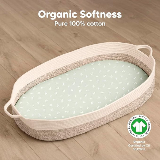 2-Pack Organic Bassinet Sheets for Girls, Boys - 100% Cotton Bassinet Mattress Sheets Compatible with Halo Bassinest Swivel Sleeper, Graco, Baby Delight, Chicco, Unisex Fitted Bassinet Sheets (Herb)
