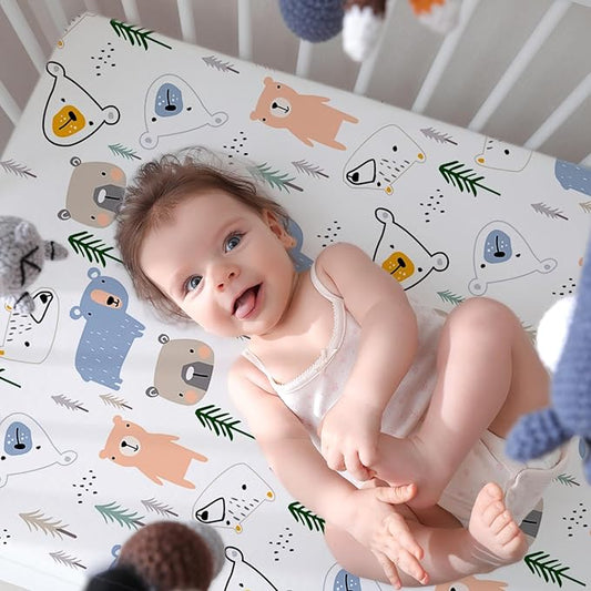 Little Grape Land Crib Sheets Baby Toddler Sheets 4 Pack Fitted for Boys Girls, Standard Size 28x52‘’ Crib Mattress, Super Soft Breathable Washable Microfiber, Whale & Trucks & Little Bear & Navy Blue