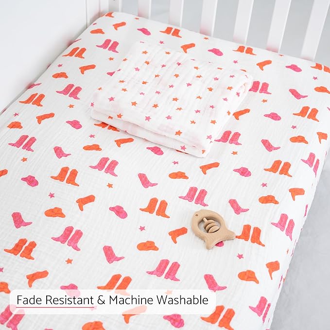LollyBanks Fitted Crib Sheets for Girls, Soft 100% Cotton Western Baby Girl Sheet, Fits Standard Size Mattress 28 in x 52 in, Breathable Muslin Crib Sheet 1 Pack (Western Boot Print)