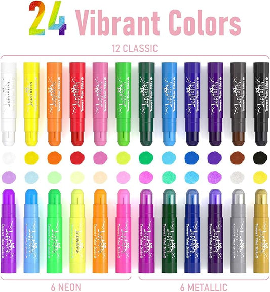 JUPITEARTH 24 Colors Tempera Paint Sticks with 120 PDF Coloring Pages and 30 Stickers, Quick Drying, Smooth, Non-Toxic and Washable Paint Sticks for Kids Drawing on Pumpkin, Wood, Rock, Glass