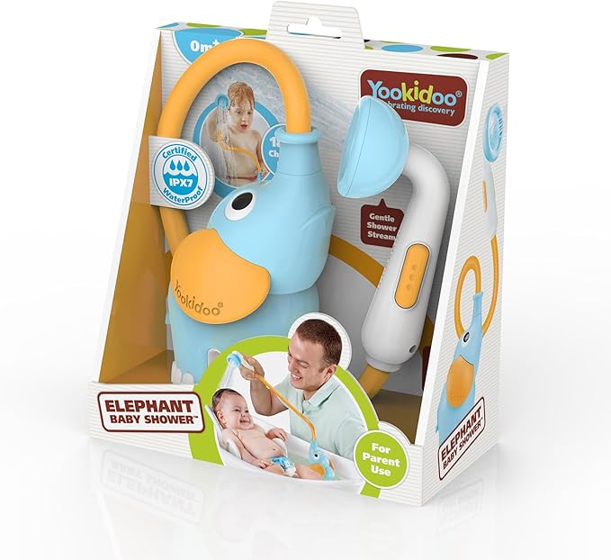Yookidoo Baby Bath Shower Head - Elephant Water Pump with Trunk Spout Rinser - Control Water Flow from 2 Knobs for Maximum Fun in Tub or Sink for Newborn Babies (Blue and Orange)