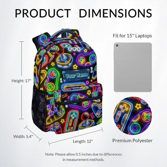 Custom Backpack - Cool Gamer Travel Backpack for Kids - 17 Inch Bookbag for Elementary Primary School - Back to School Supplies