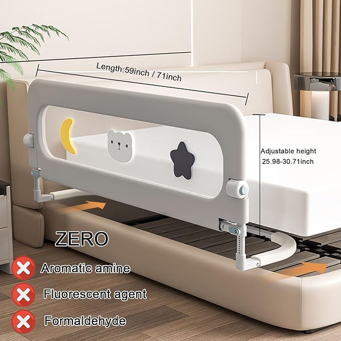 U Type Toddler Bed Rail Guard, Foldable Bed Rails for Toddlers, Adjustable, Safety, Convenient, Guard Rail with Twin, Full, Queen& King Size (Grey Patchwork,59inch)