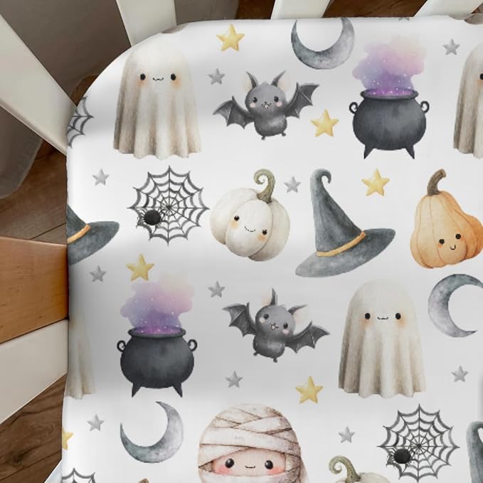Happy Halloween Baby Crib Sheets Cute Spooky Pumpkin Bat Fitted Crib Mattress Cover Witch Moon Star Toddler Baby Sheet for Standard Crib 28x52in