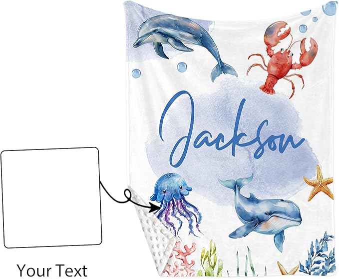 Custom Baby Crib Bedding Set, Personalized Name Marine Animals Theme Crib Set 3 Pcs, Soft Double Layer Blanket, Crib Sheet & Room Rug, Ideal Nursery Decor Gift for Baby Girls Boys