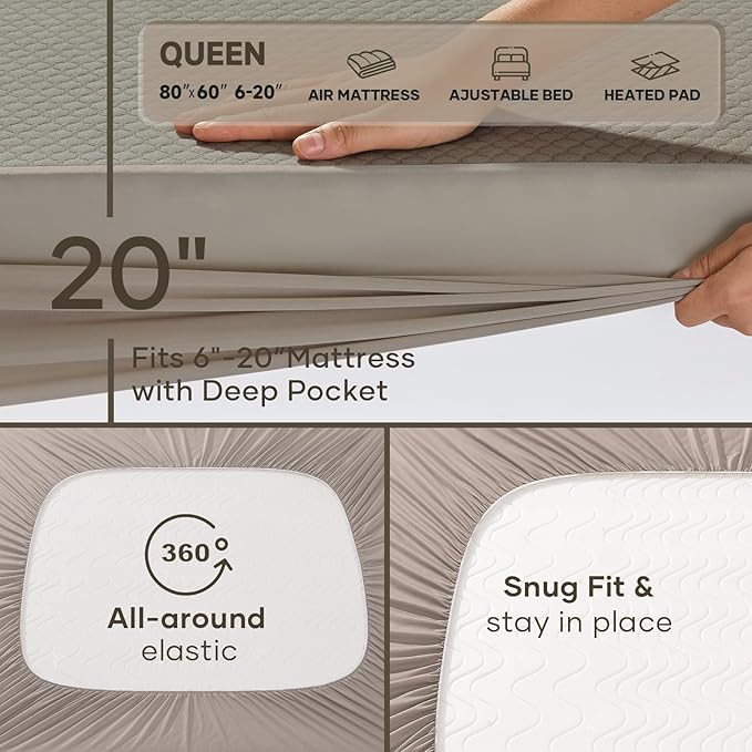 OhGeni 100% Waterproof Mattress Protector,Queen Size Mattress Soft Pad,Hair & Bedwetting Resistant,Cooling Breathable Fitted Sheets,Washable Bed Cover,Non-Slip Deep Pocket,Noiseless for Bedroom,Brown