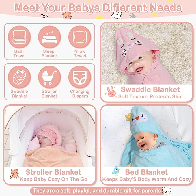 14 Pcs Baby Towels, Soft Baby Towel and Washcloths Set, 4 Pcs 32x32 in Hooded Bath Towel, 8 Pcs Baby Washcloths and 2 Pcs Cotton Baby Bibs for Newborns, Toddlers, and Kids for Boys and Girls