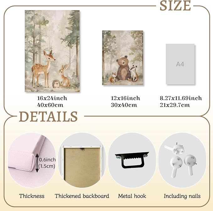 LLEEMPI Framed Woodland Nursery Wall Decor Set of 3, Cute Forest Animal Wall Art, Bear Fox Deer Watercolor Canvas Prints, Vintage Nature Poster Prints for Kids Bedroom Bathroom Playroom 16x24 Inch