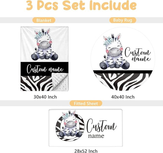 Custom Crib Bedding Set - 3 Pcs Personalized Name Baby Bedding Set for Nursery, Cool Double Layer Baby Crib Set for Boys Girls, Customized Gifts for Infant Toddler New Parents, Striped Zebra