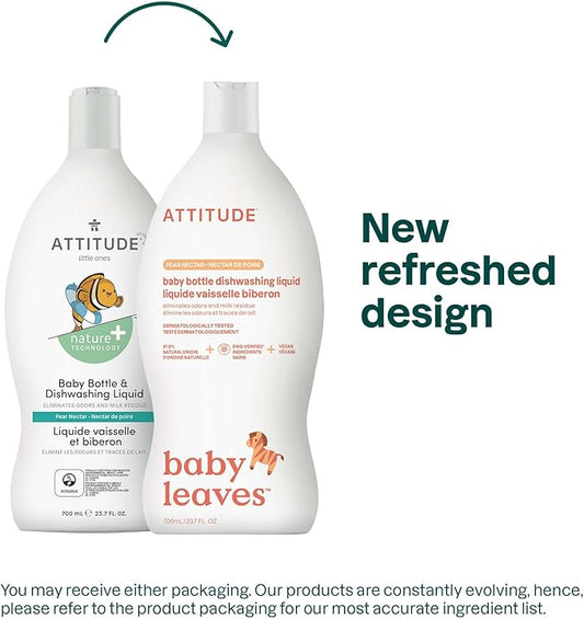 ATTITUDE Baby Dish Soap and Bottle Cleaner, EWG Verified Dishwashing Liquid, No Added Dyes or Fragrances, Tough on Milk Residue and Grease, Vegan, Pear Nectar, 23.7 Fl Oz