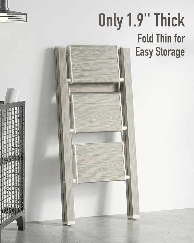 Mayi Plus 3 Step Ladder,Aluminum Folding Step Stool for Adults,Step Ladder with Wide Anti-Slip Pedal,330 lbs Capacity for Home,Kitchen,Library,Office(Fir Woodgrain)