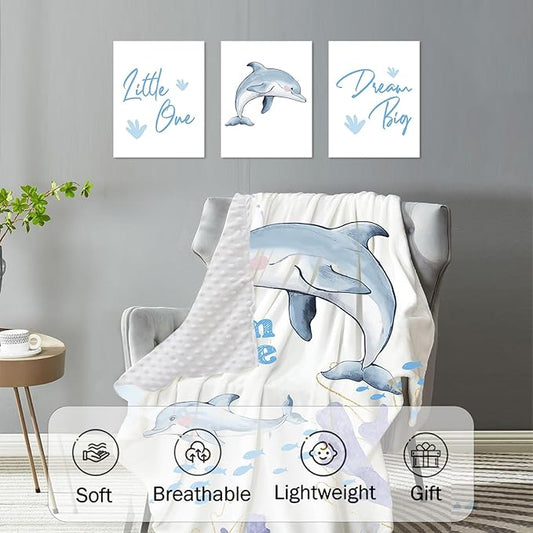 Personalized Baby Crib Bedding Set: 4 Piece Custom Blue Dolphin Crib Bed Set with Name, Nursery Bedding Set for Baby Girls, Newborn Boys Crib Sets, Crib Bedding Custom Gift, Crib Sheet