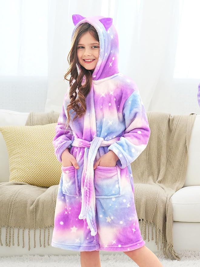 Doctor Unicorn Girls Leopard Cat Robe Kids Fleece Warm Hooded Bathrobe