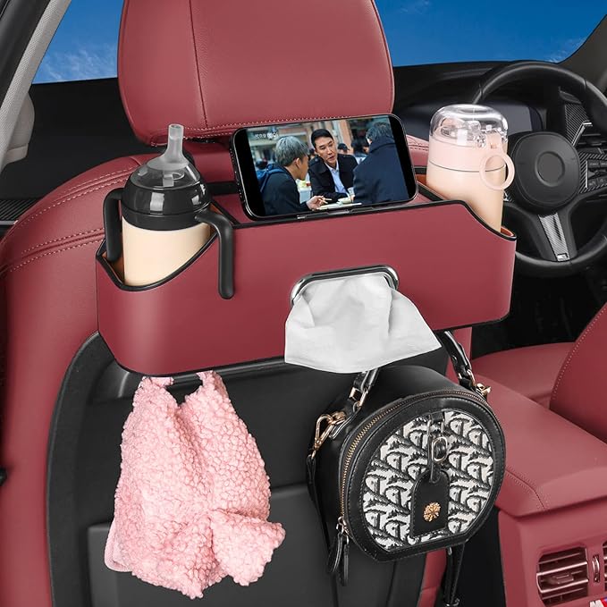 HALOYIVGO Car Seat Back Organizer - Stylish & Functional Storage for Family Adventures - Cup Holders, Tissue Box & Hooks - Perfect for Kids, Road Trips & Travel (Red)